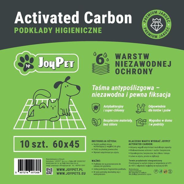 Podkłady higieniczne dla ps&oacute;w i kot&oacute;w JOYPET Activated Carbon 60х45 10 szt.
