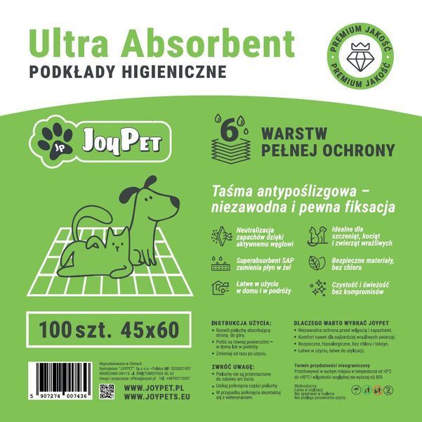 Podkłady higieniczne dla ps&oacute;w  i kot&oacute;w JOYPET Ultra Absorbent 60х45 100 szt.